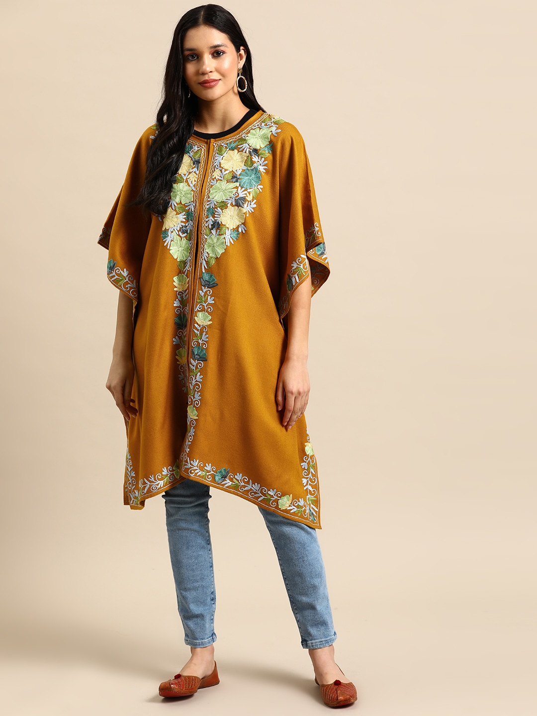 Women Mustard Floral Embroidered Flared Sleeves Thread Work Acrylic Fusion Kaftan Kurta