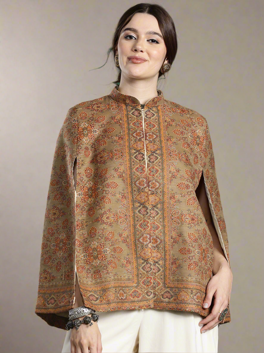 Beige Floral Woven Design Cape Jacket