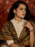 Reversible mustard and black woven stole for women featuring intricate heritage-inspired jacquard motifs and elegant reversible styling.
