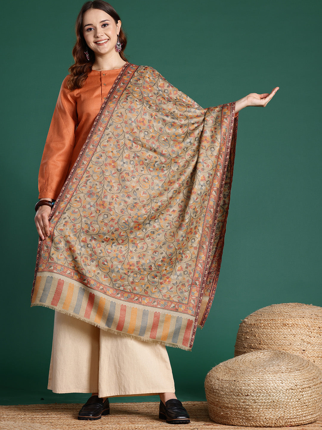 Beige Floral Kashmiri Stole