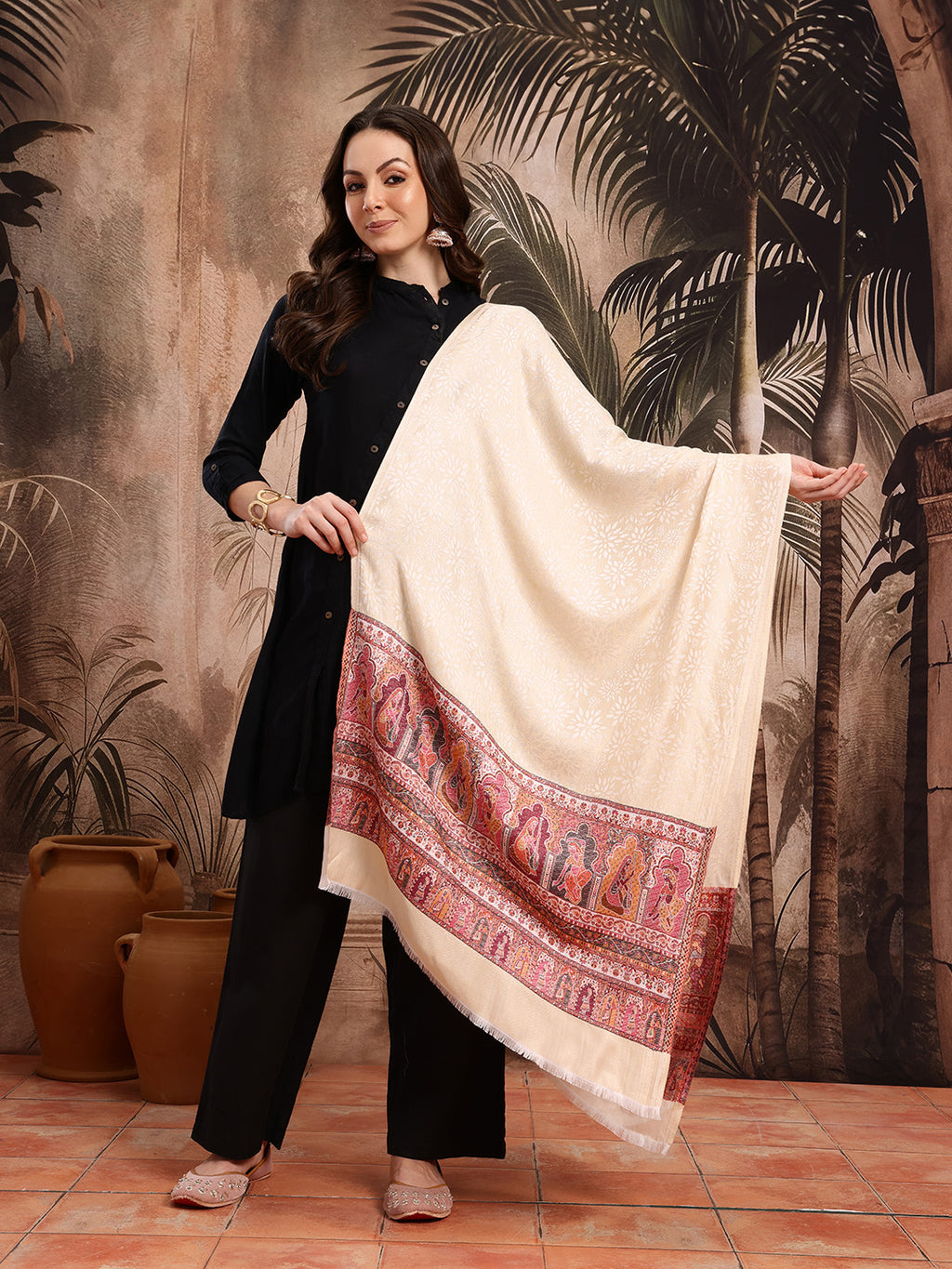 Women Cream Floral Woven Design Stole