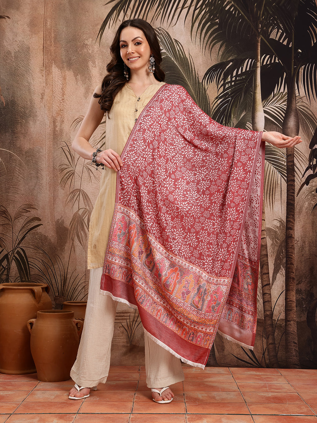 Women Maroon Floral Woven Design Stole