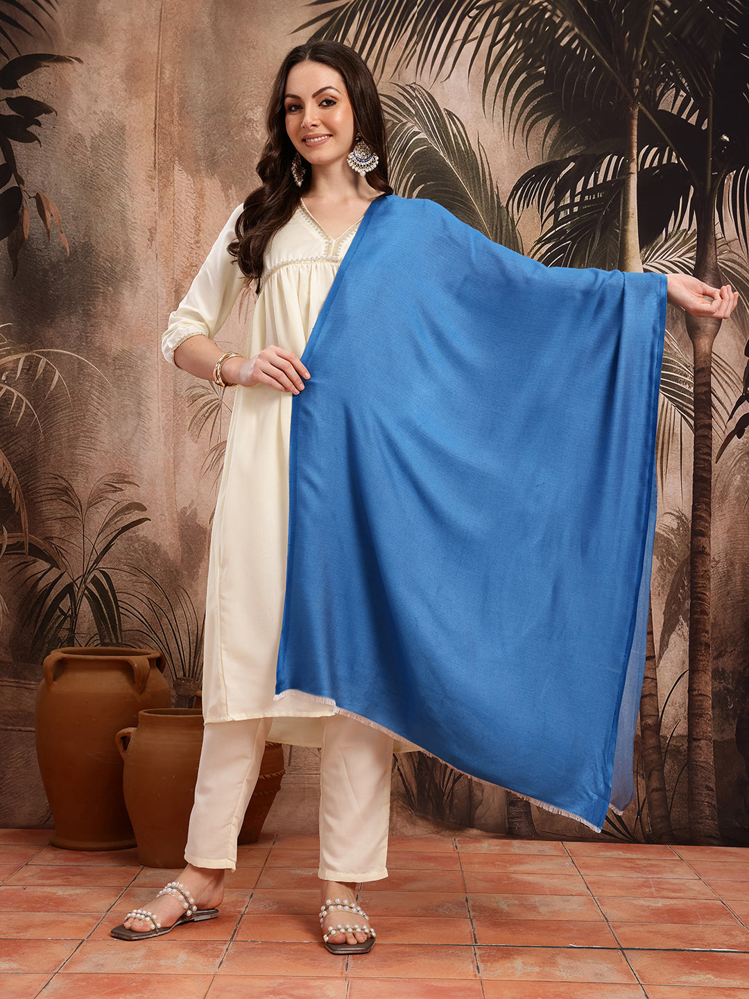 Women Royal Blue Solid Reversible Stole