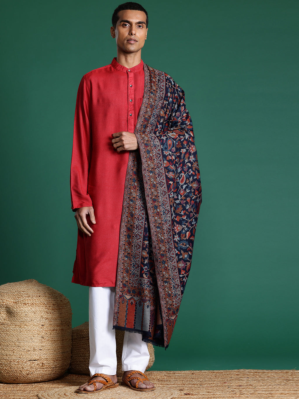 Men Floral Woven Design Kashmiri Kaani Wollen Shawl