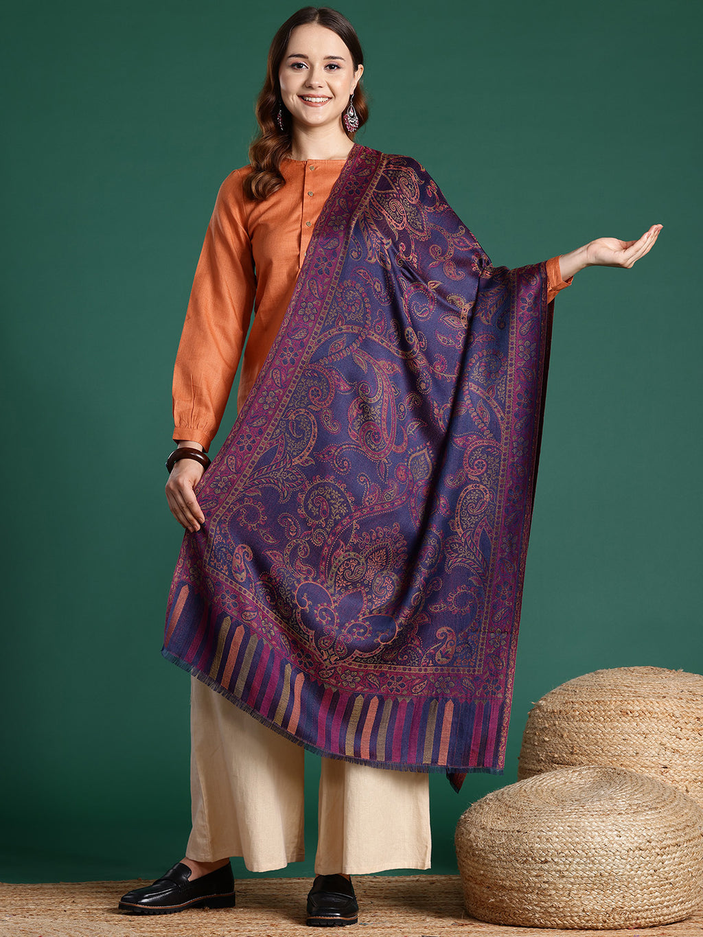 Women Purple Ethnic Motifs Woven Design Modal Stole