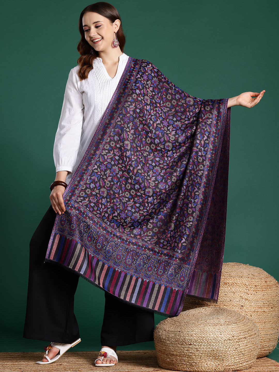 Women Black Woven Design Kashmiri Kaani Modal Stole