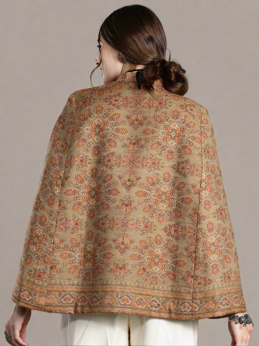 Beige Floral Woven Design Cape Jacket