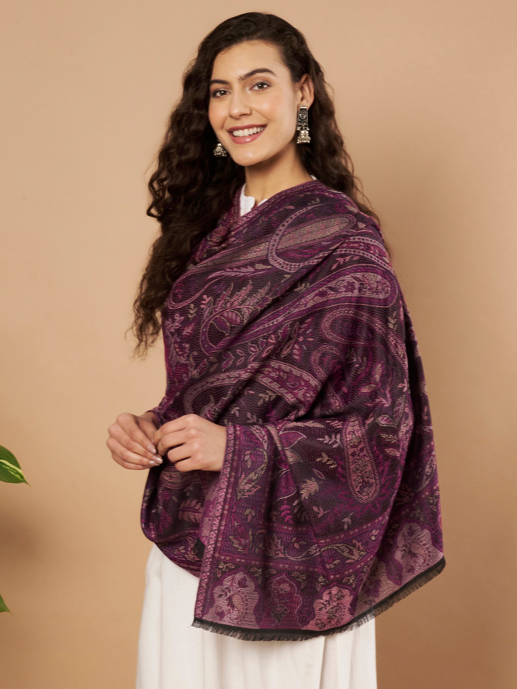 Women Purple Woven Design Stole