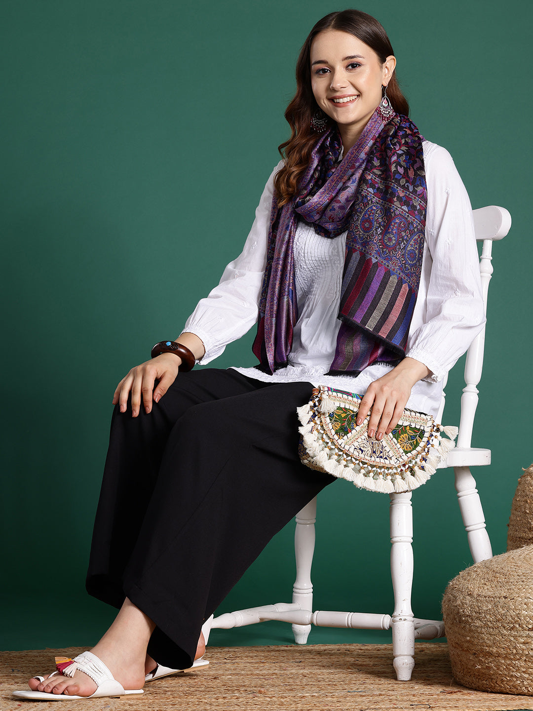 Women Black Woven Design Kashmiri Kaani Modal Stole