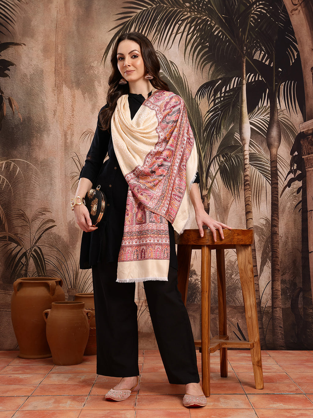 Women Cream Floral Woven Design Stole