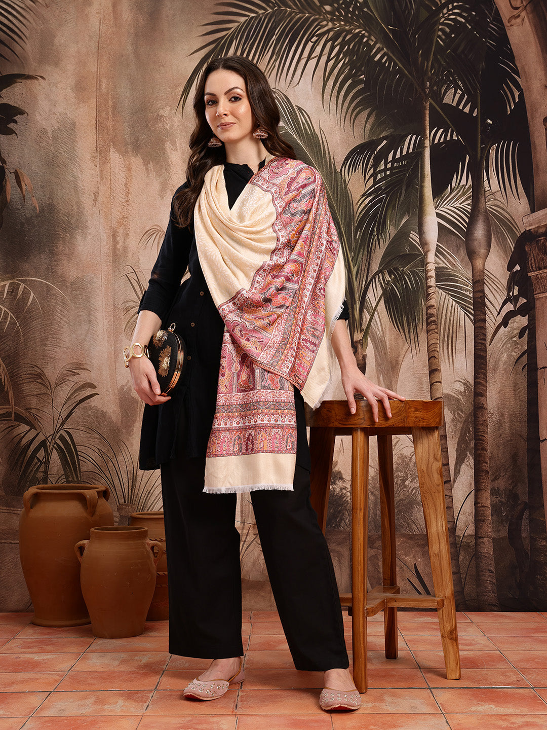Women Cream Floral Woven Design Stole