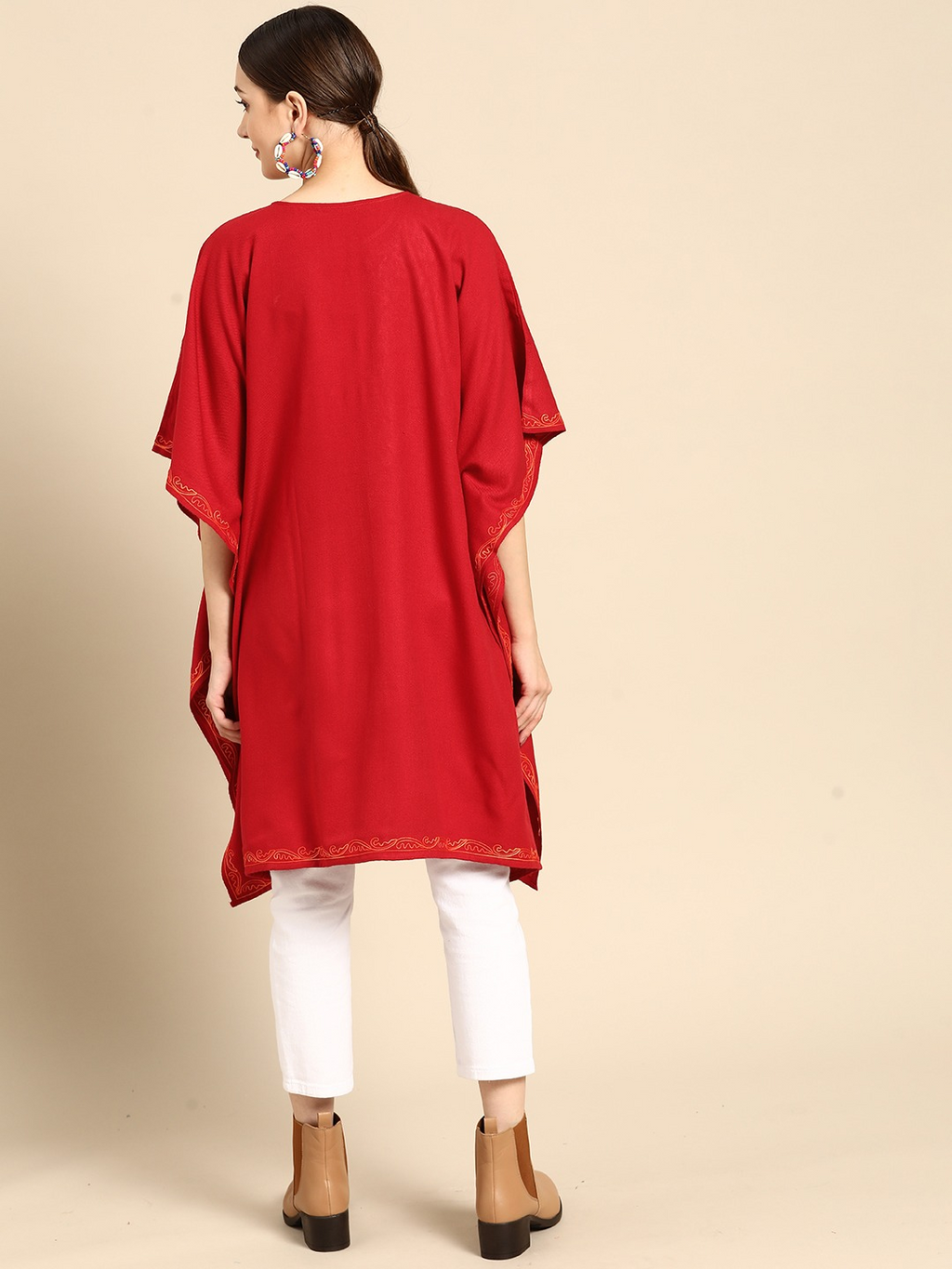 Women Floral Embroidered Flared Sleeves Thread Work Acrylic Fusion Kaftan Kurta