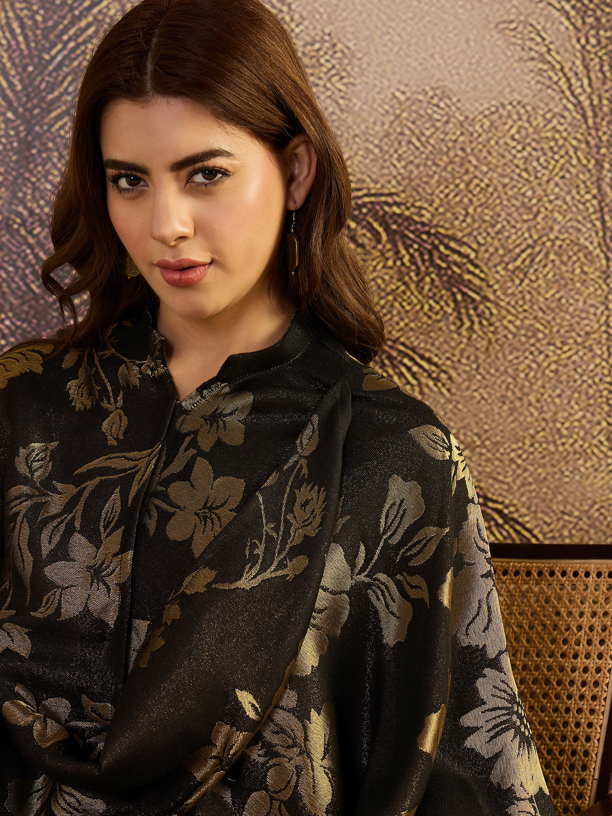 Women Floral Woven Mandarin Collar Cape Top