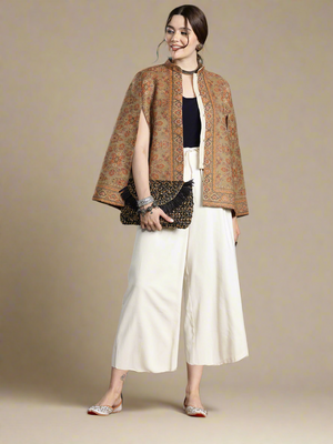 Beige Floral Woven Design Cape Jacket