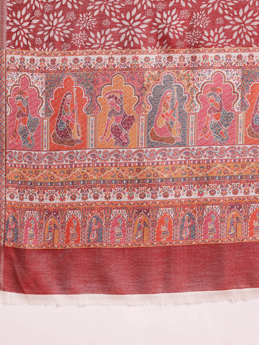 Women Maroon Floral Woven Design Stole