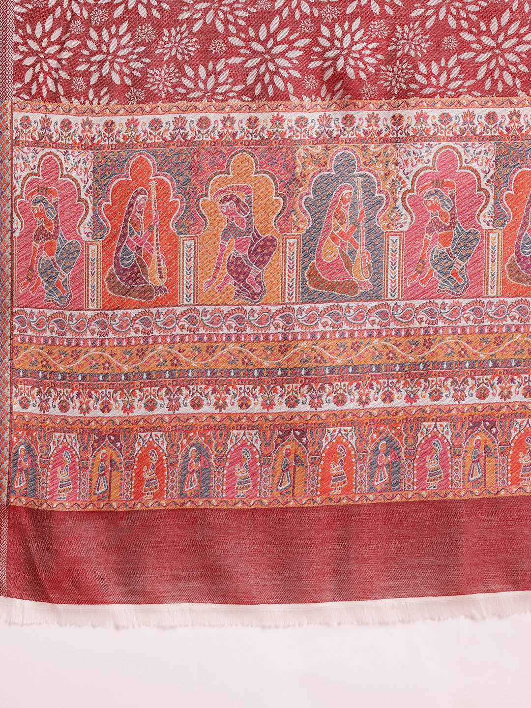 Women Maroon Floral Woven Design Stole