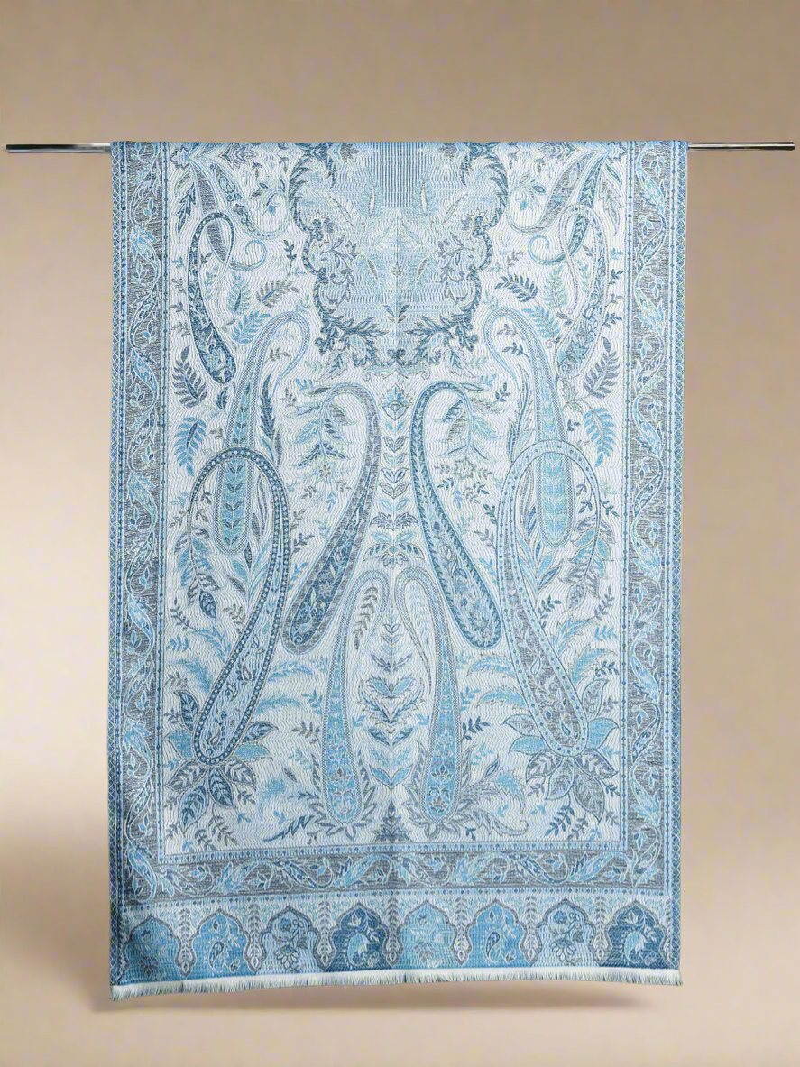 Kusum White and Blue Jamawar Stole