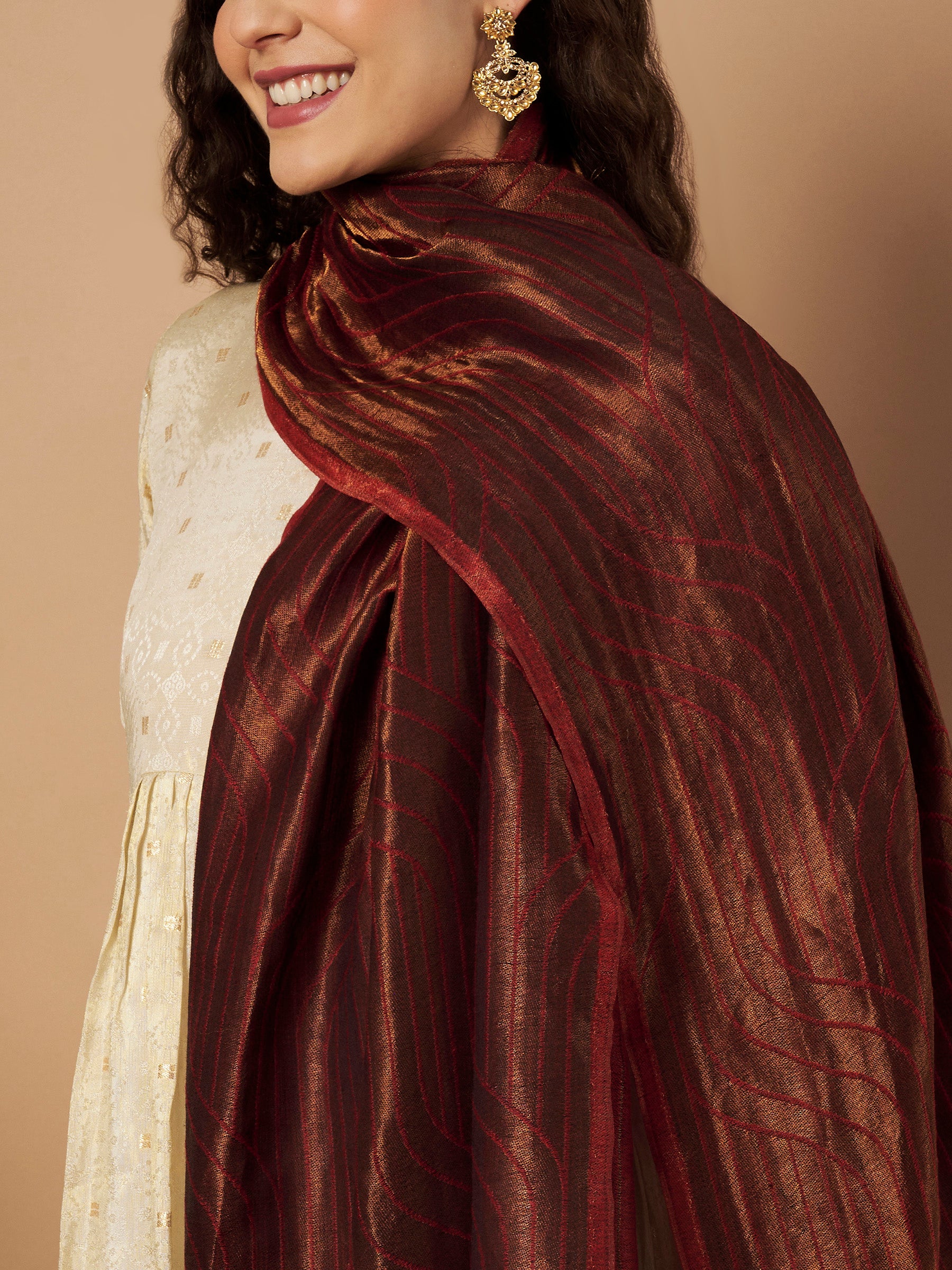 Zari Geometric Reversible Stole - Maroon