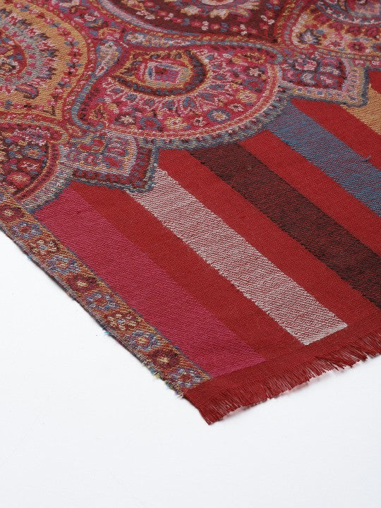 Women Maroon Floral Woven Design Kashmiri Kaani Shawl