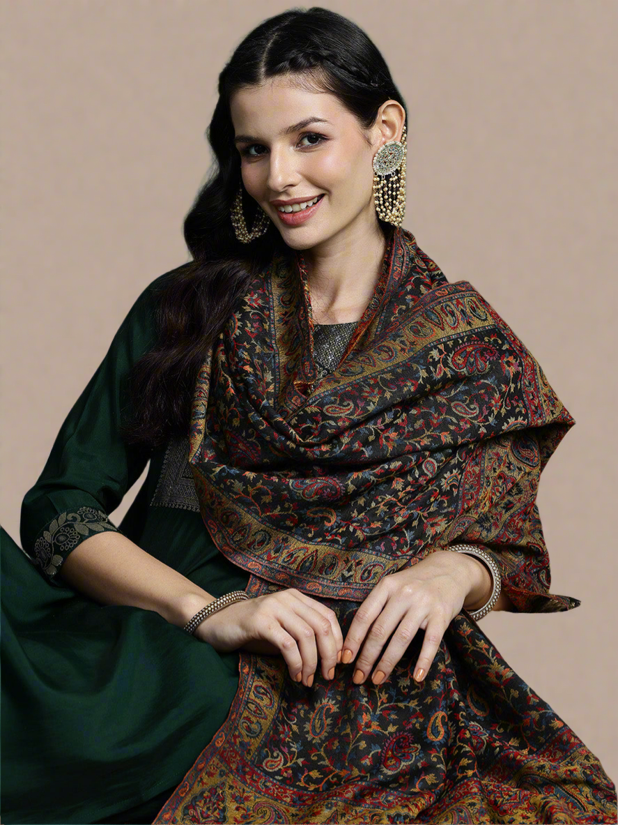 Women Black Wool Blend Floral Woven Design Shawl