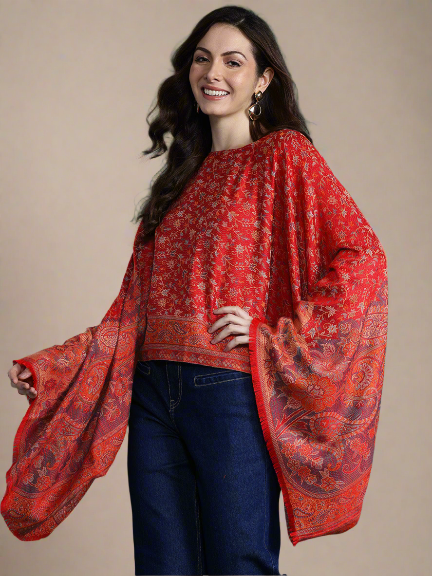 Indie Floral Woven Design Flared Kimono Sleeve Kaftan Top