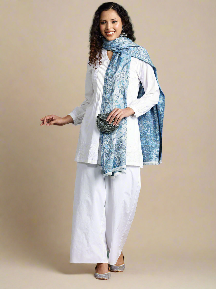 Kusum White and Blue Jamawar Stole