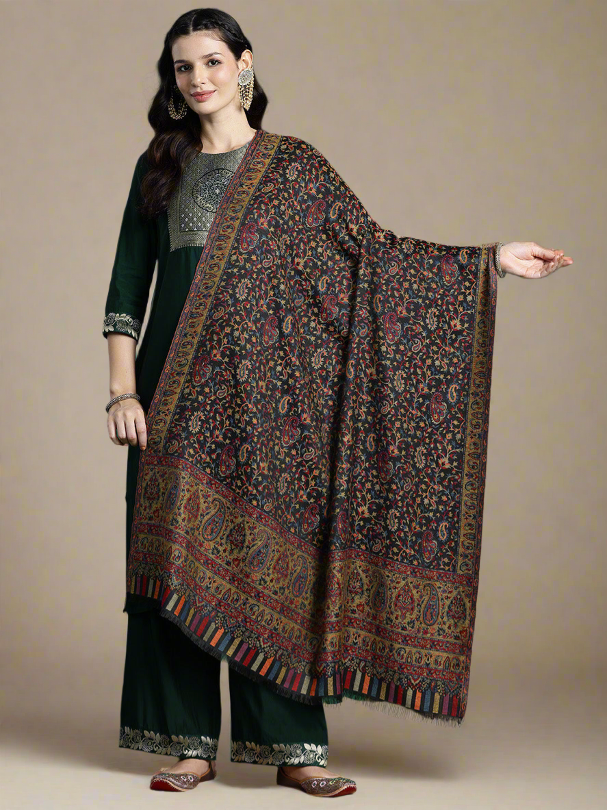 Women Black Wool Blend Floral Woven Design Shawl