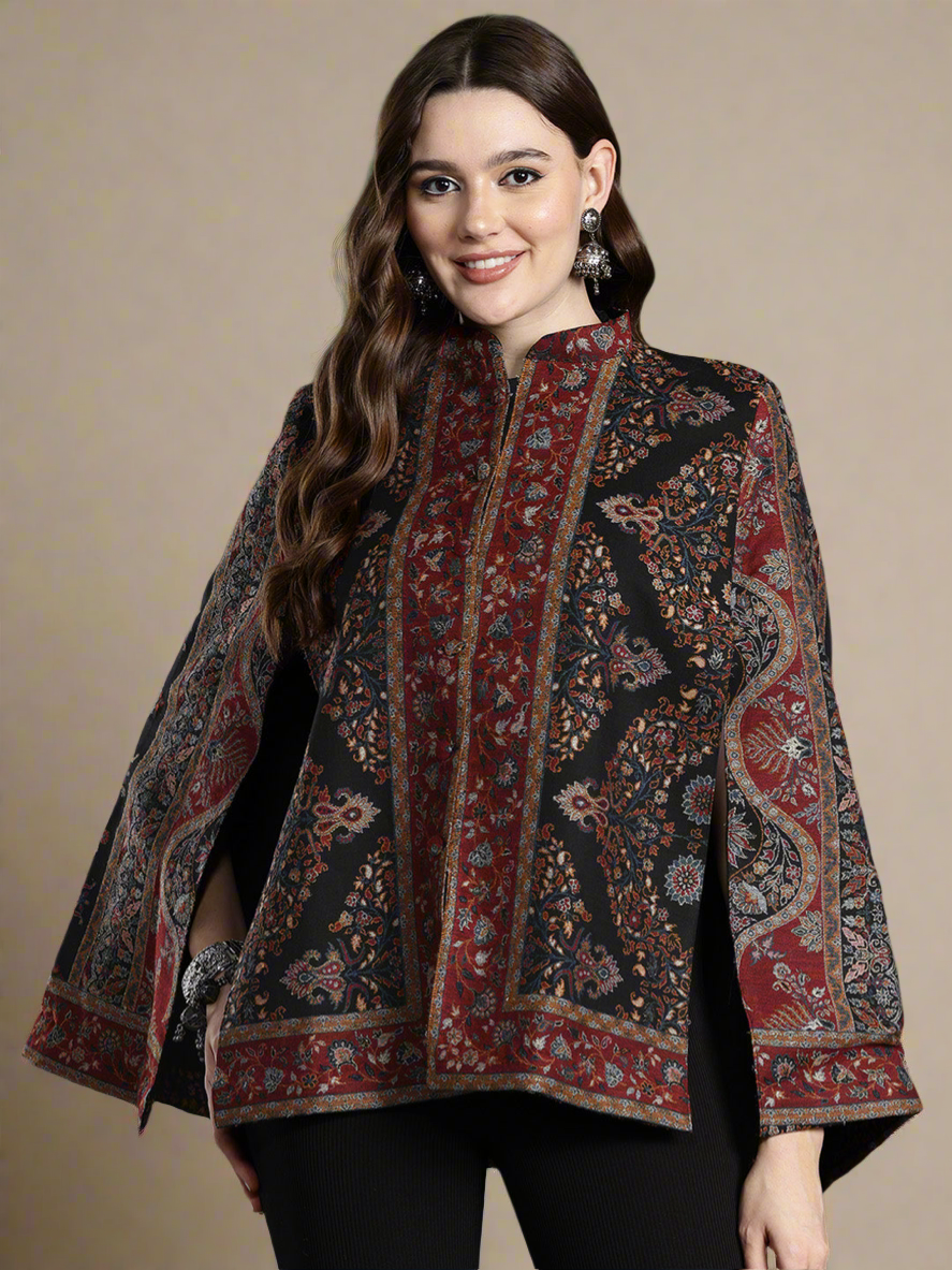 Black Floral Woven Design Cape Jacket