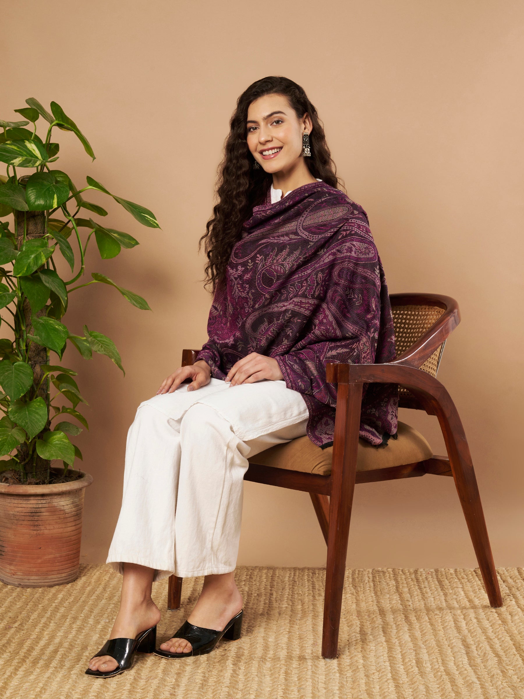 Women Purple Woven Design Stole