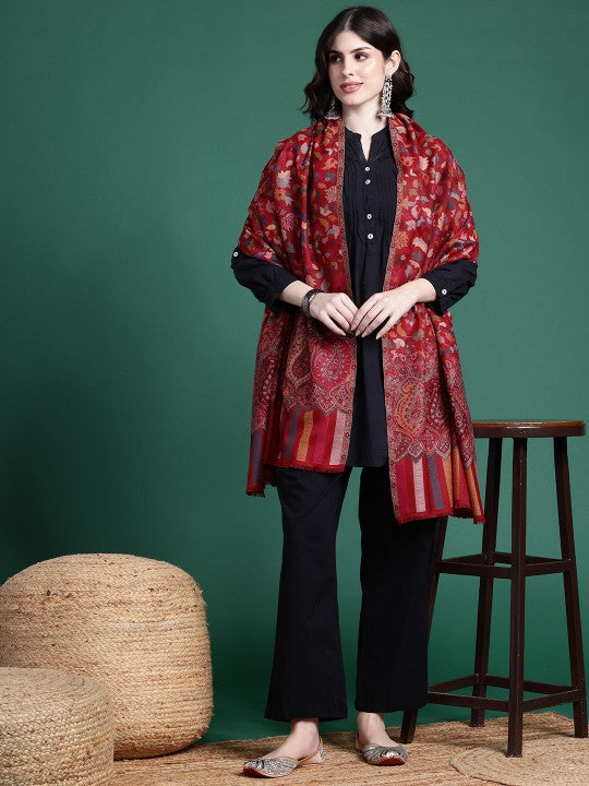 Women Maroon Floral Woven Design Kashmiri Kaani Shawl