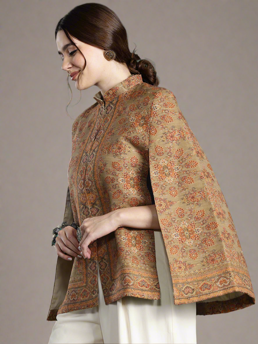 Beige Floral Woven Design Cape Jacket