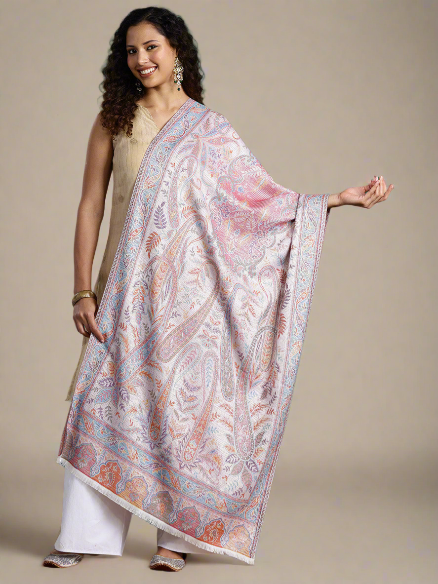 Women White And Pink Woven Design Modal Stole