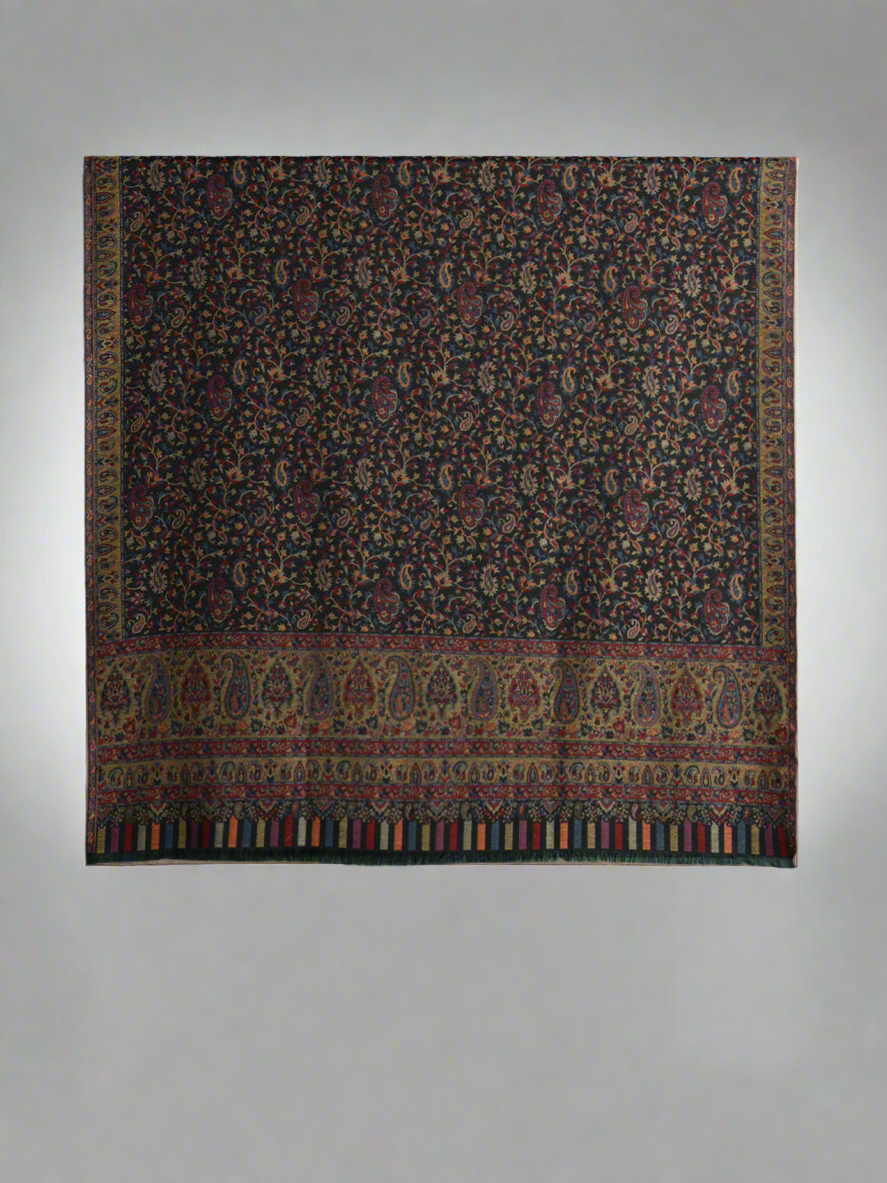 Women Black Wool Blend Floral Woven Design Shawl