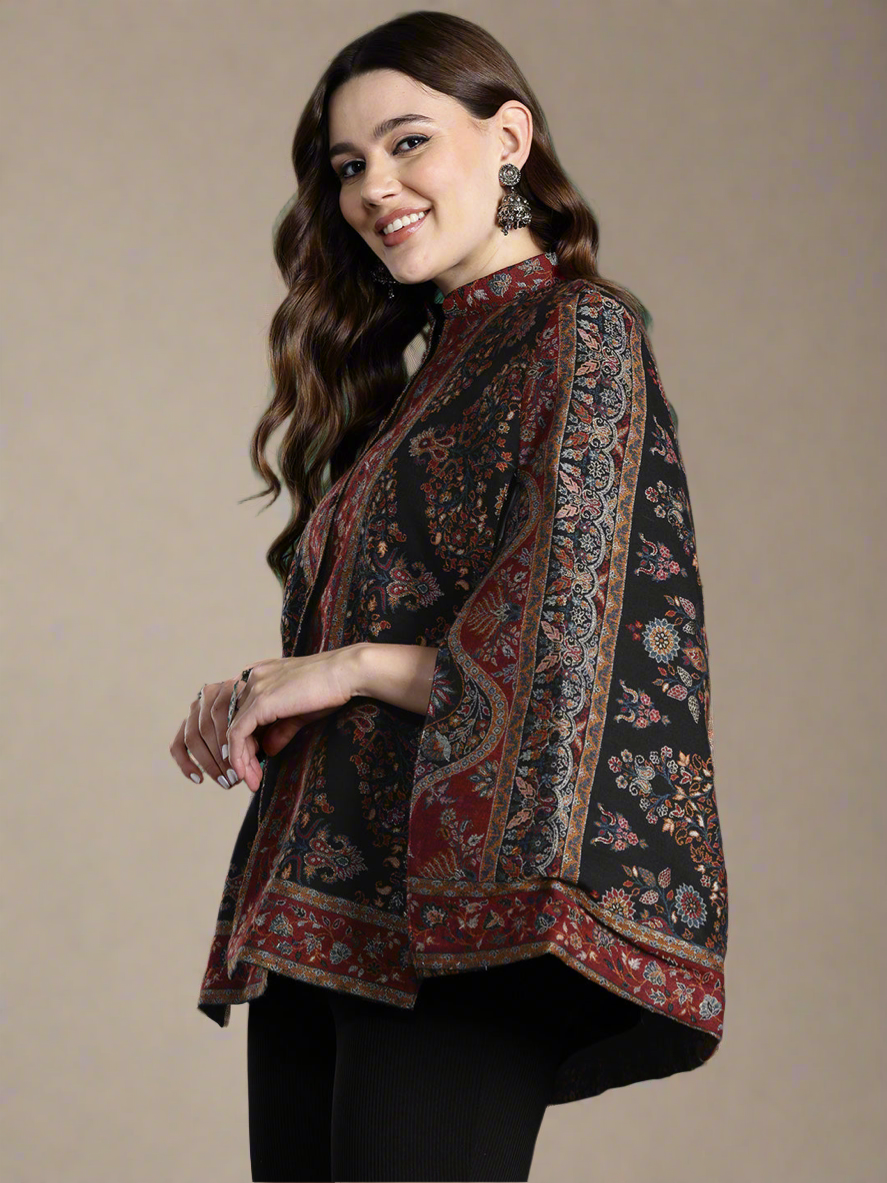Black Floral Woven Design Cape Jacket