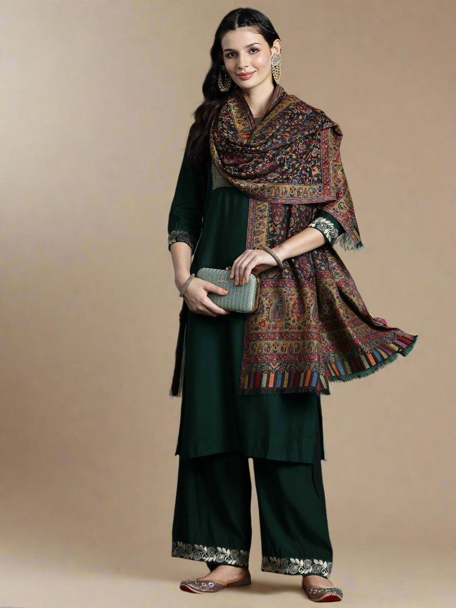 Women Black Wool Blend Floral Woven Design Shawl