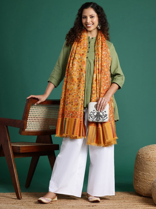 Women Mustard Floral Woven Design Kashmiri Kaani Shawl