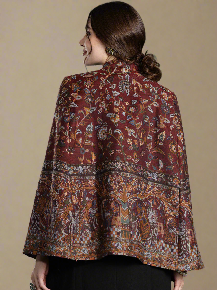 Wine Floral Woven Design Cape Jacket
