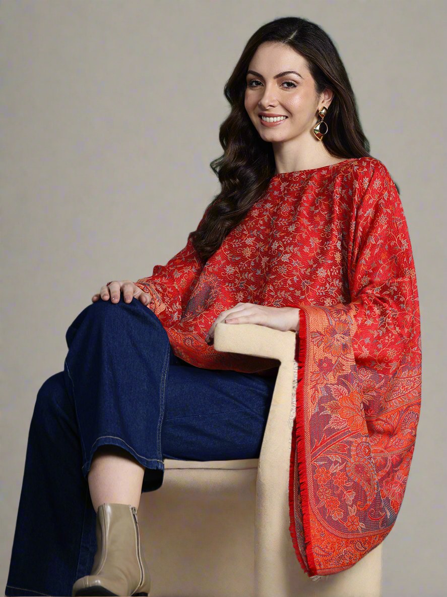 Indie Floral Woven Design Flared Kimono Sleeve Kaftan Top
