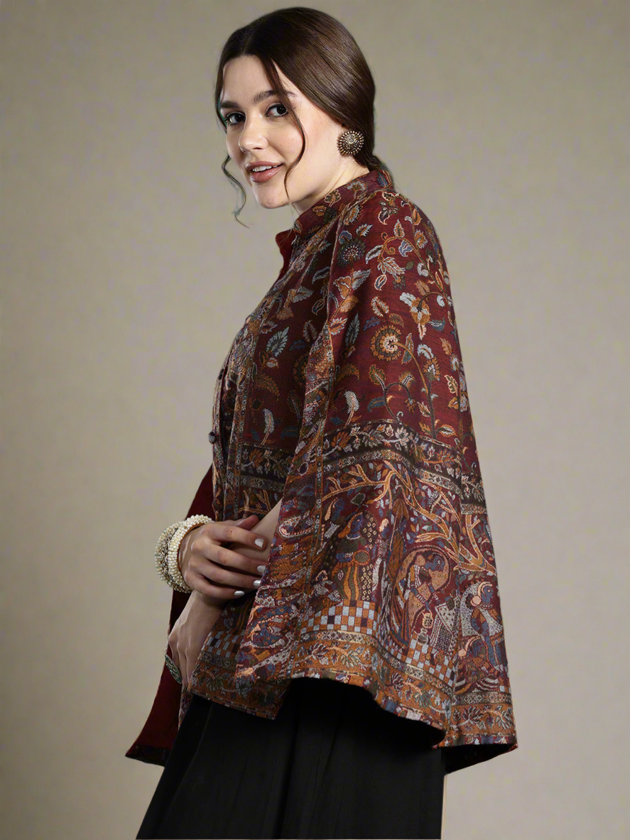 Wine Floral Woven Design Cape Jacket