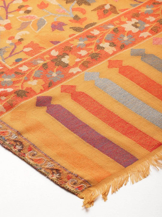 Women Mustard Floral Woven Design Kashmiri Kaani Shawl