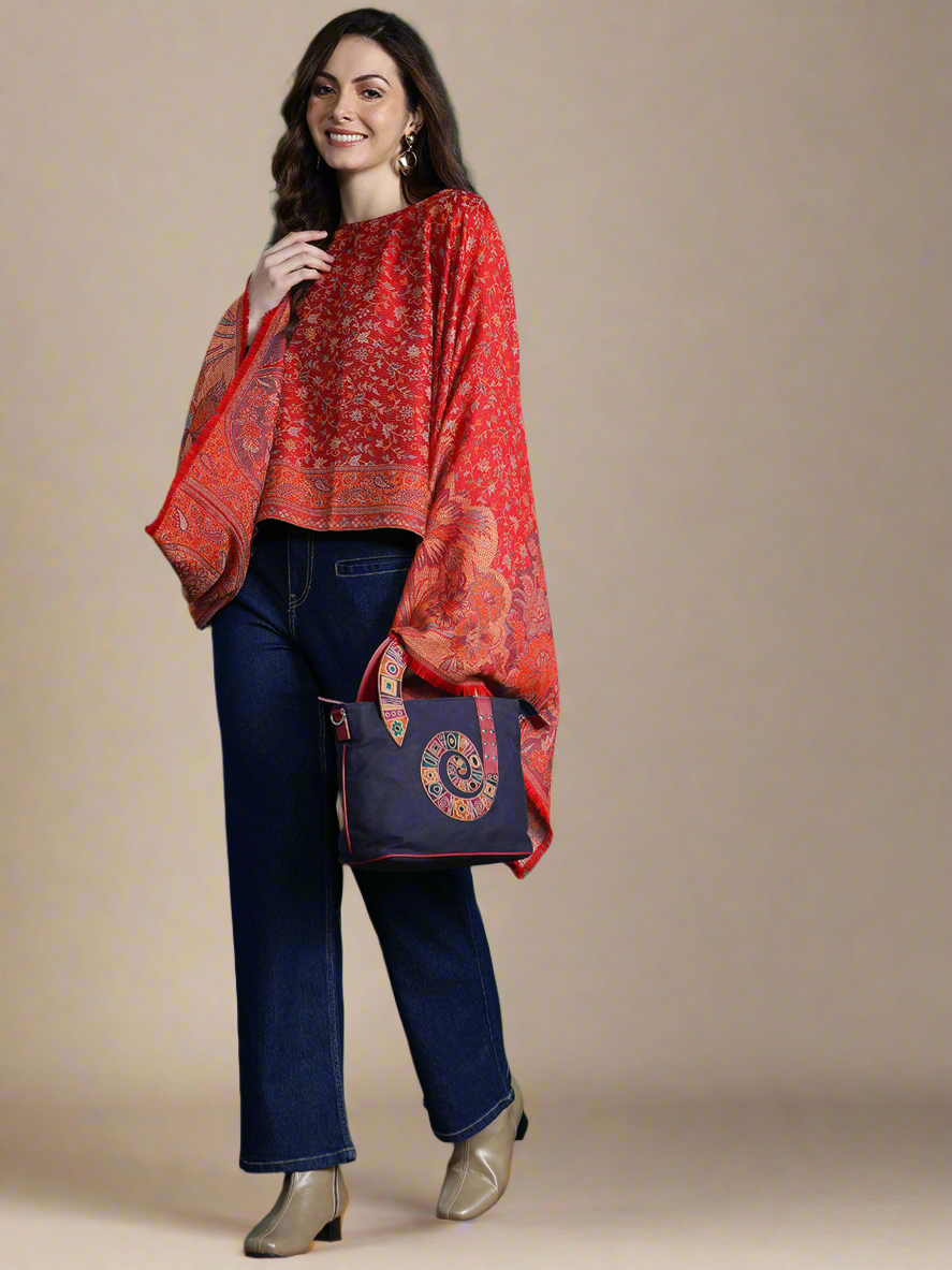 Indie Floral Woven Design Flared Kimono Sleeve Kaftan Top