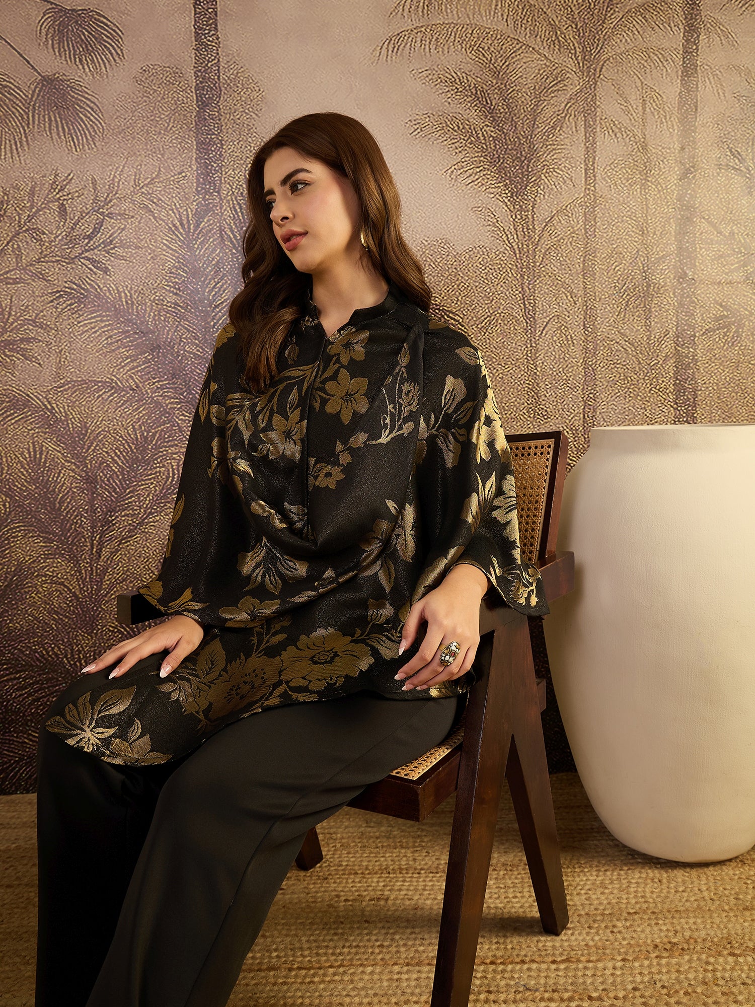 Women Floral Woven Mandarin Collar Cape Top
