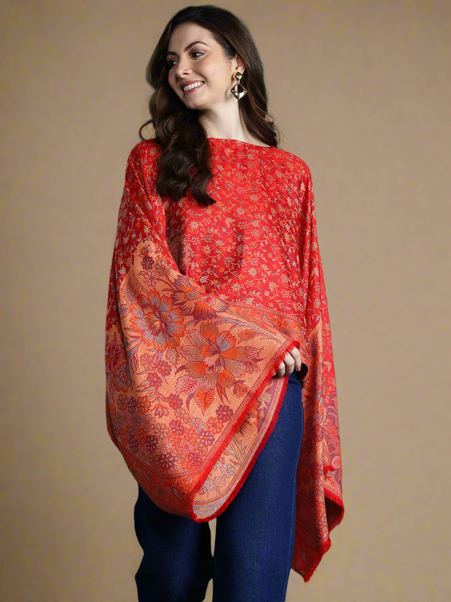 Indie Floral Woven Design Flared Kimono Sleeve Kaftan Top