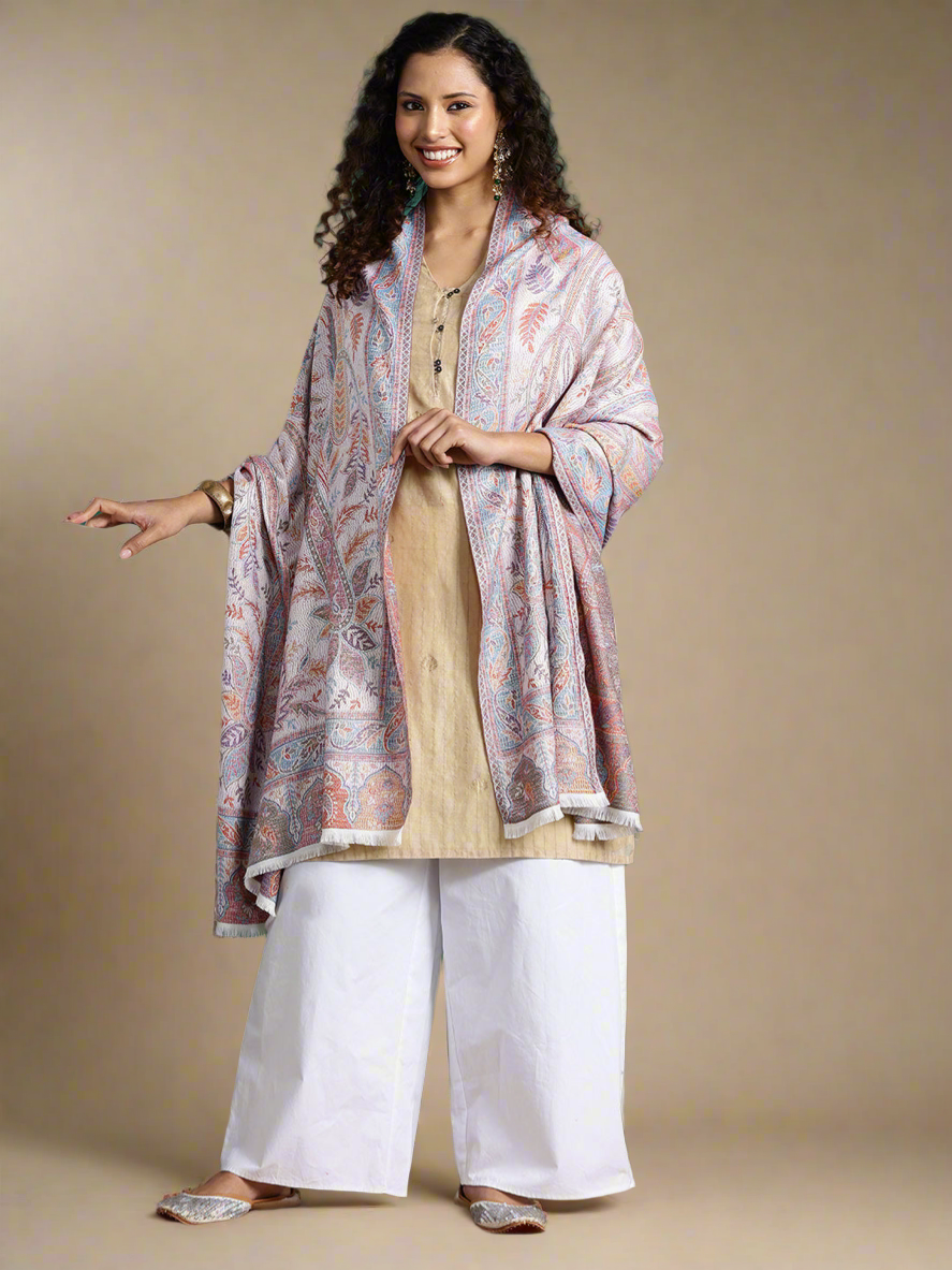 Women White And Pink Woven Design Modal Stole