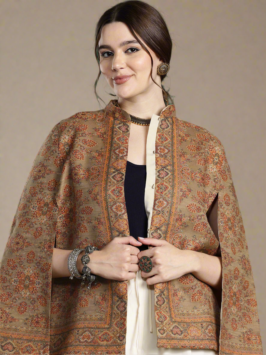 Beige Floral Woven Design Cape Jacket