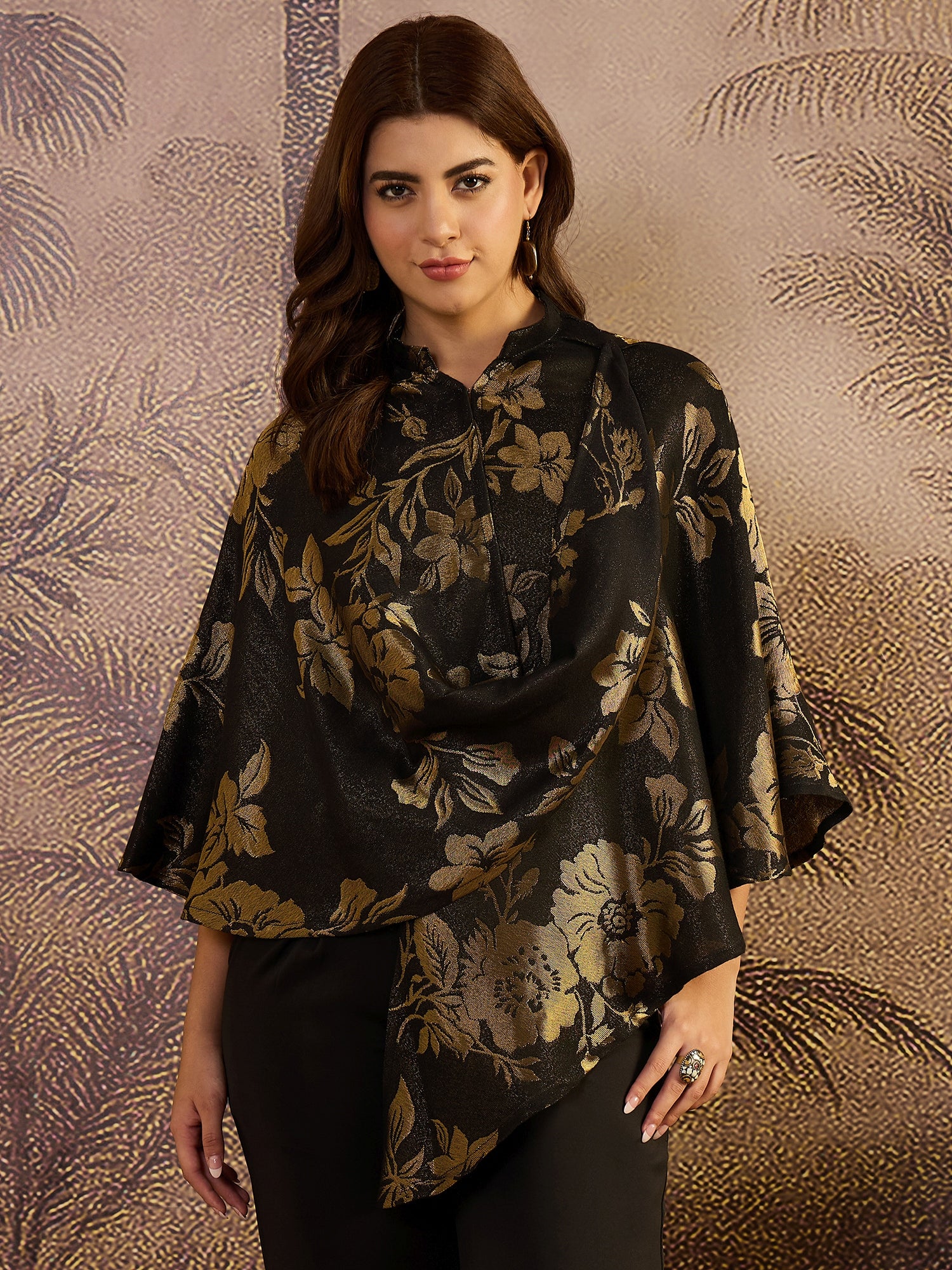 Women Floral Woven Mandarin Collar Cape Top