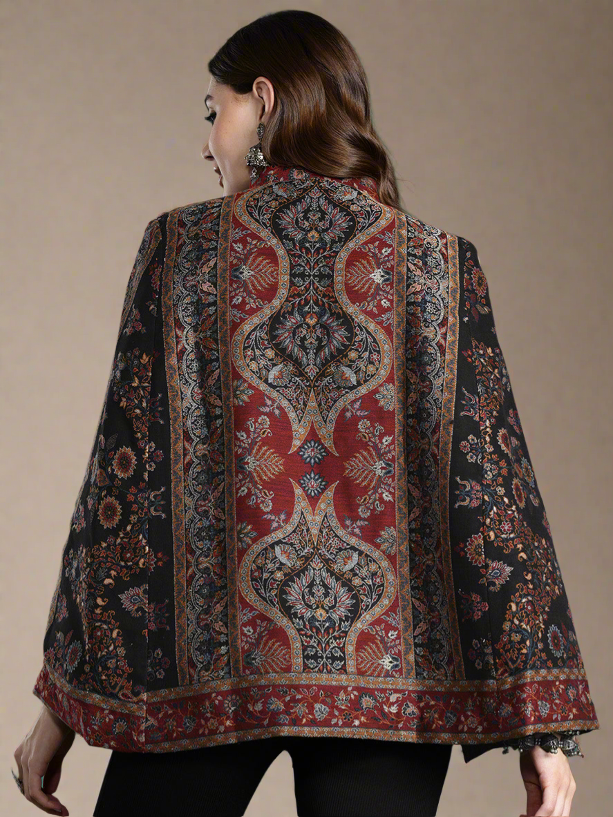 Black Floral Woven Design Cape Jacket