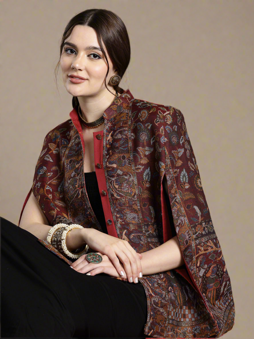 Wine Floral Woven Design Cape Jacket
