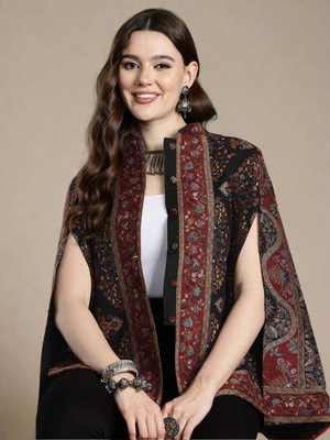 Black Floral Woven Design Cape Jacket