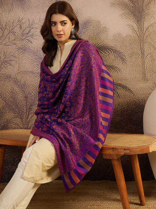 Women Ethnic Motifs Woven Design Shawl With Fringed Border